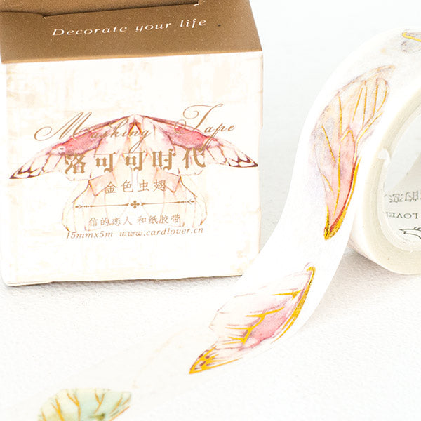 Delicate Butterfly Wing Washi Tape – Soft Watercolor & Gold Foil Design
