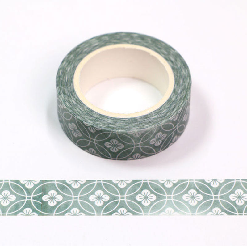 Vintage Geometric Floral Washi Tape – Elegant Green & White Pattern