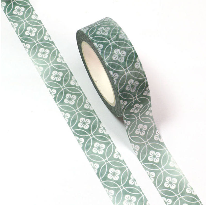 Vintage Geometric Floral Washi Tape – Elegant Green & White Pattern
