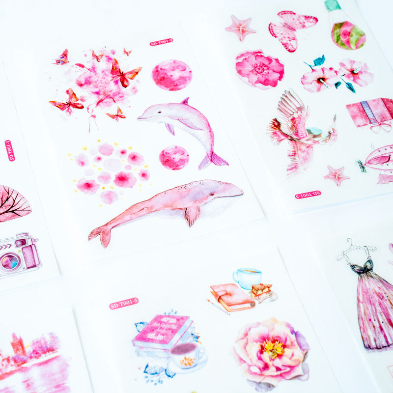 Pink Memories Sticker Set – Watercolor Aesthetic (6 Sheets, A6)
