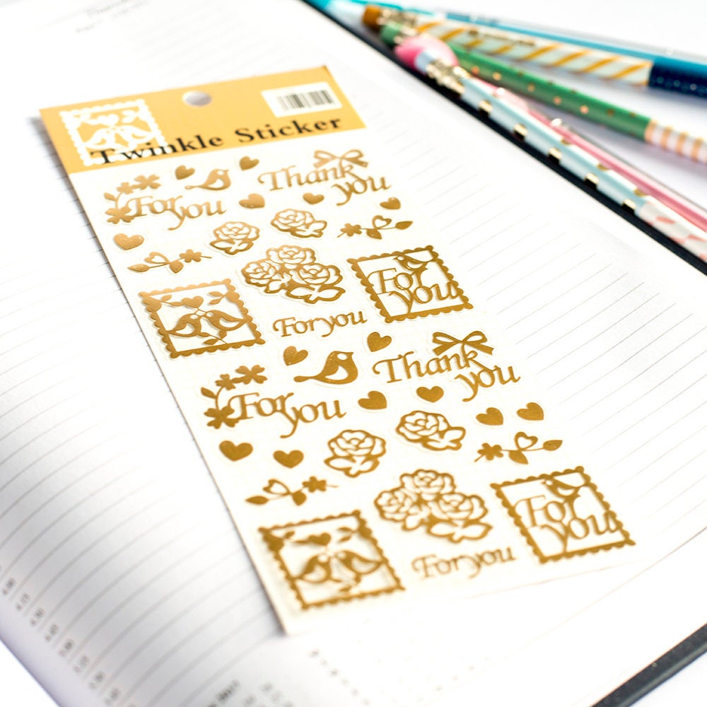 Thank You My Heart – Gold Foil Sticker Sheet with Roses, Hearts & Birds
