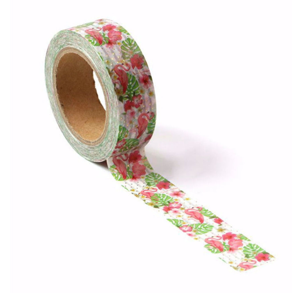 Red Flamingo Washi Tape with Gold Foil Dots – Elegant & Fun Decorative Tape