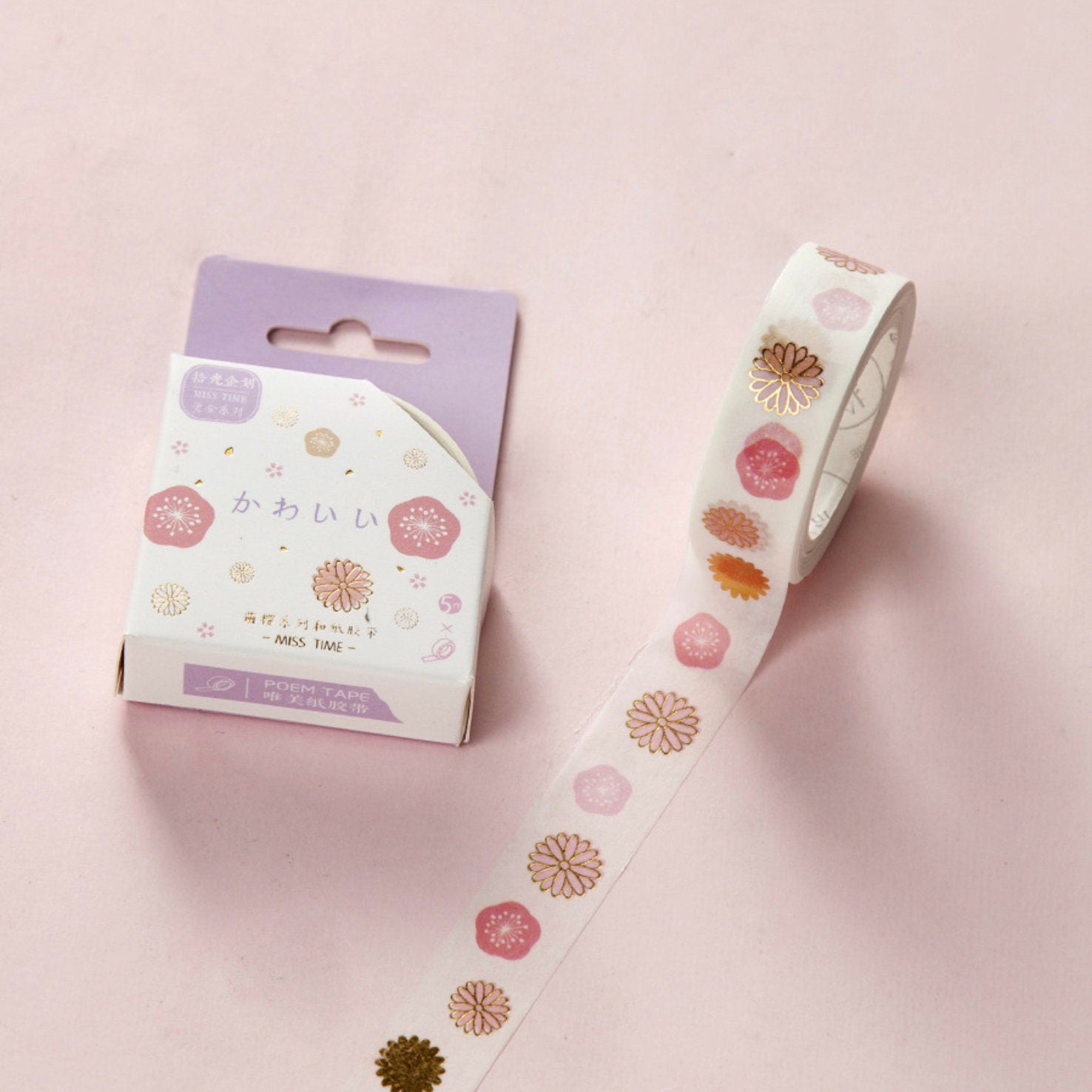 Elegant Floral Washi Tape – Soft Pastel & Gold Foil Flower Design