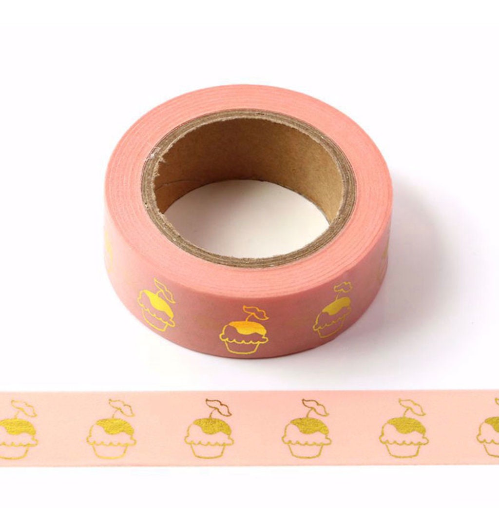 Pink Washi Tape with Gold Foil Cupcake Design