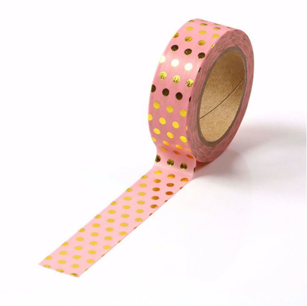 Pink & Gold Foil Polka Dot Washi Tape – Chic Decorative Craft Tape