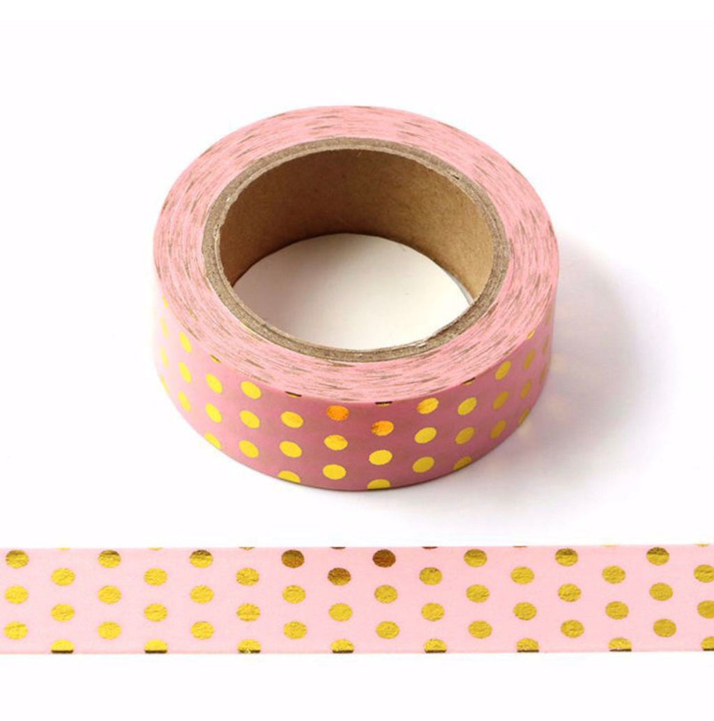 Pink & Gold Foil Polka Dot Washi Tape – Chic Decorative Craft Tape